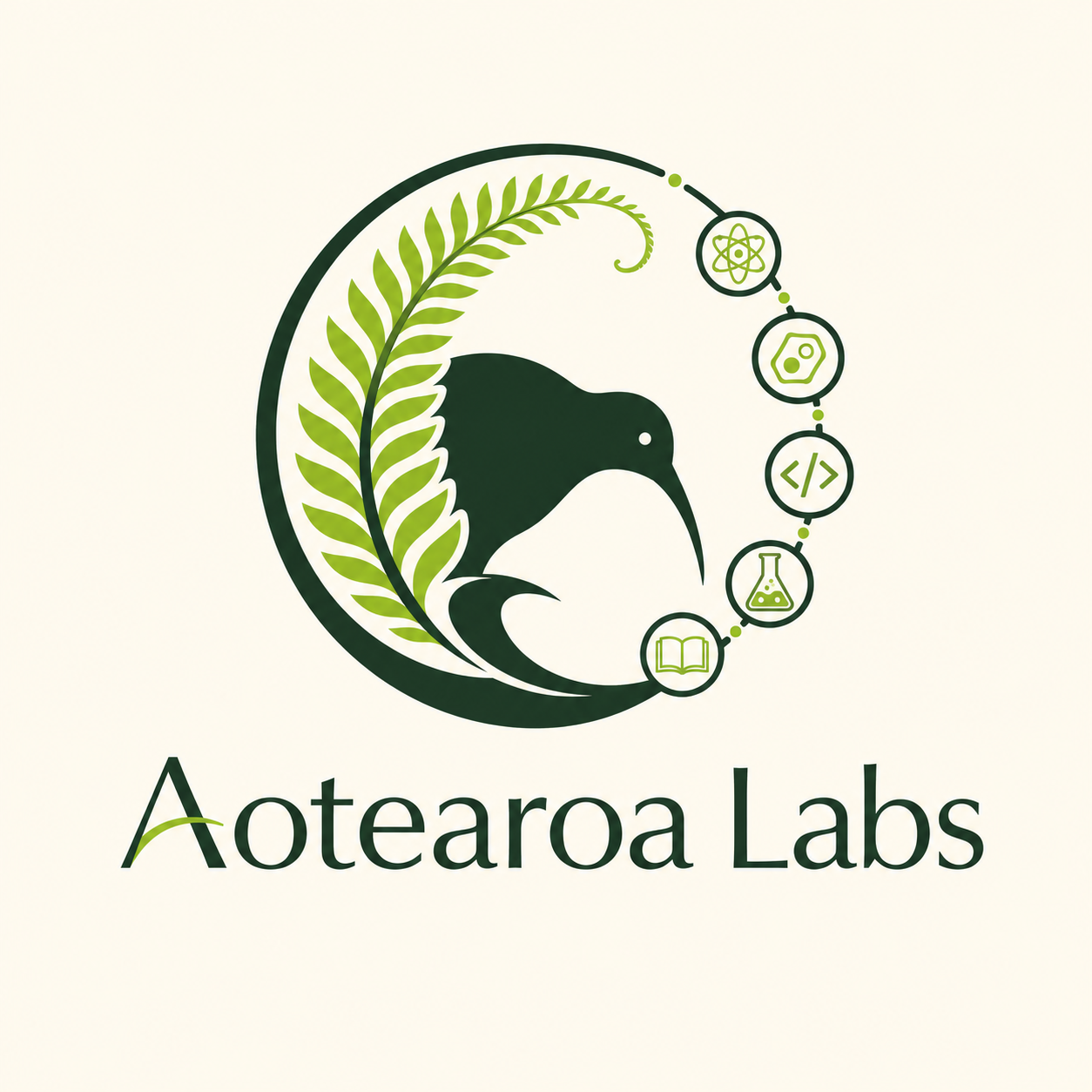 Aotearoa Labs logo featuring a kiwi, silver fern, and learning and technology symbols
