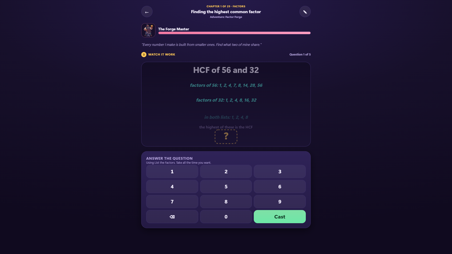 AddVenture Intermediate lesson screen working out the highest common factor of 56 and 32